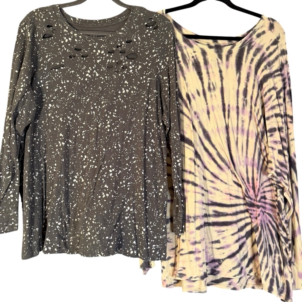 Torrid Long Sleeve Size 2x Top Lot- Gray Slash Metallic Lovesick, Tie Dye Tunic